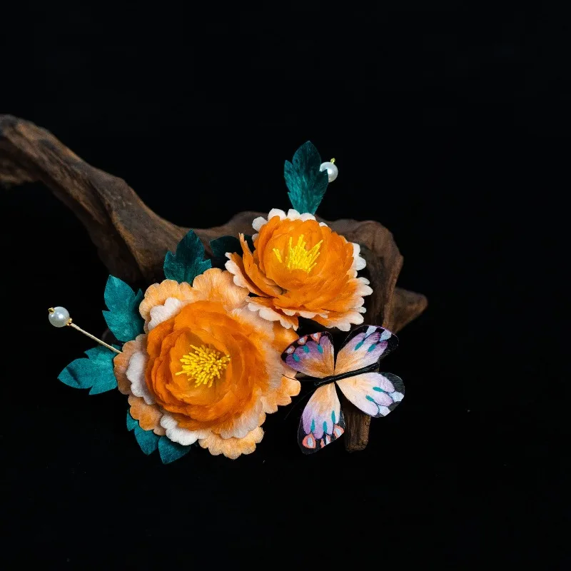 

Hanfu peony headdress, orange hairpin, high-end silk edelweiss classical ancient clothing, pure handmade style