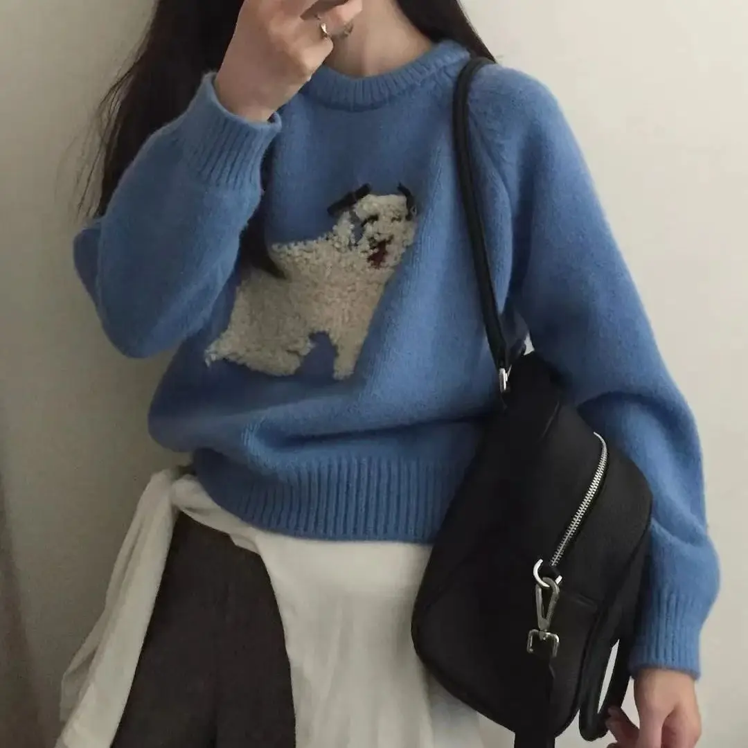 Korean style Kawaii tops blue puppy chic round neck sweater for women autumn 2024 new sweet thick sweater top