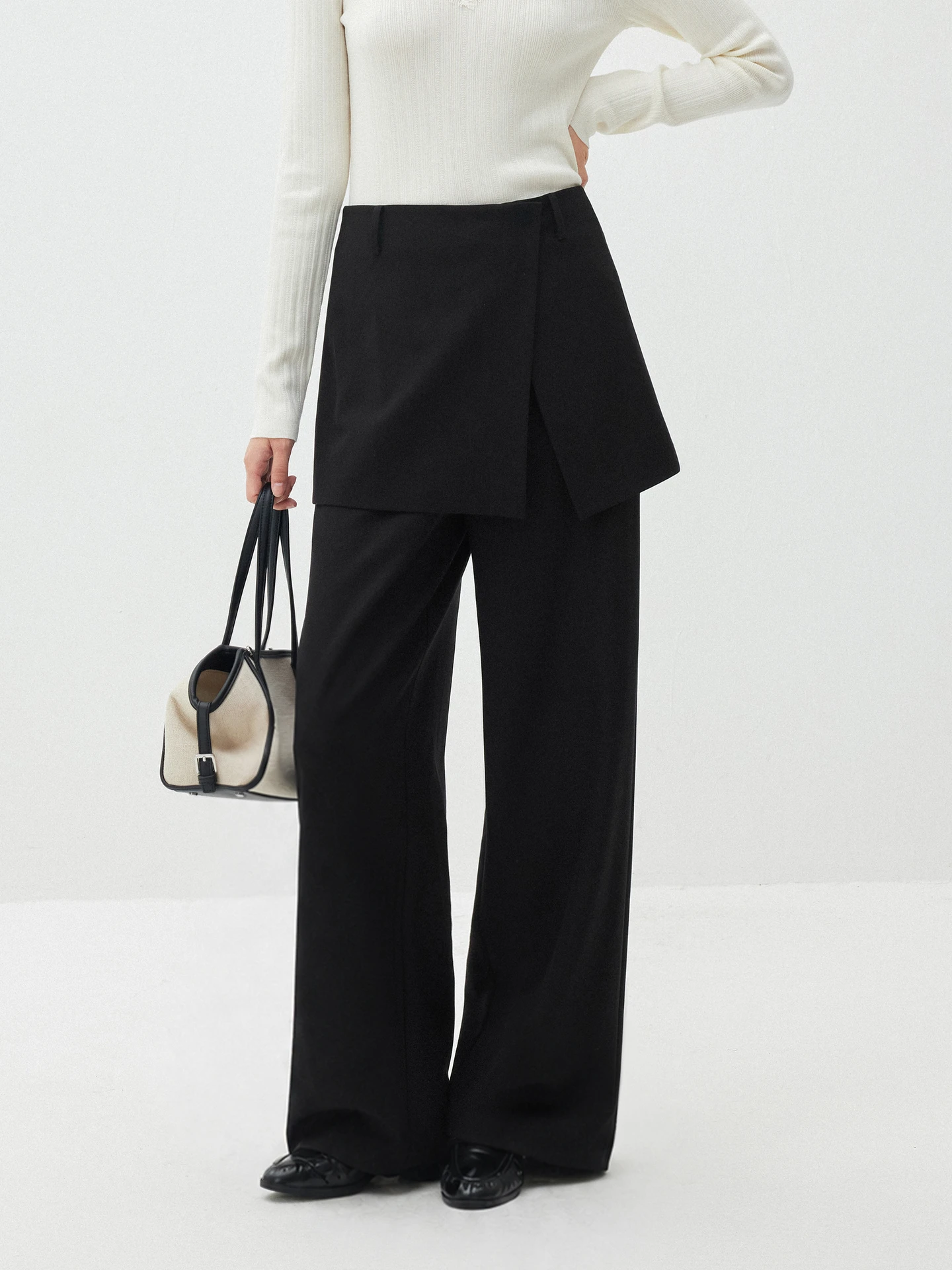 High Waist Wide Leg Straight Cut Wool Silk Blend Trousers Removable Curtain Pants Commute Style Zipper Closure Casual Pants