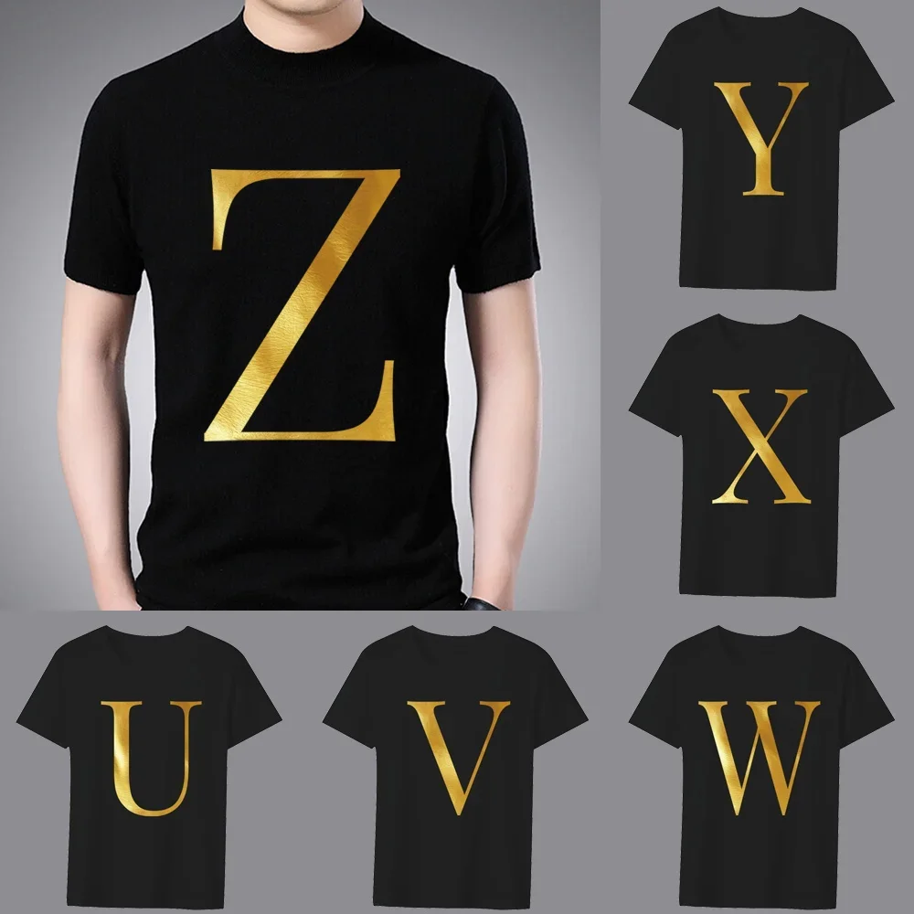 Fashion T-shirt Black Men\'s 26 English Letters Gold Printing Pattern Series Casual Round Neck Commuter Comfortable Top T-shirt