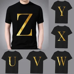 Fashion T-shirt Black Men's 26 English Letters Gold Printing Pattern Series Casual Round Neck Commuter Comfortable Top T-shirt