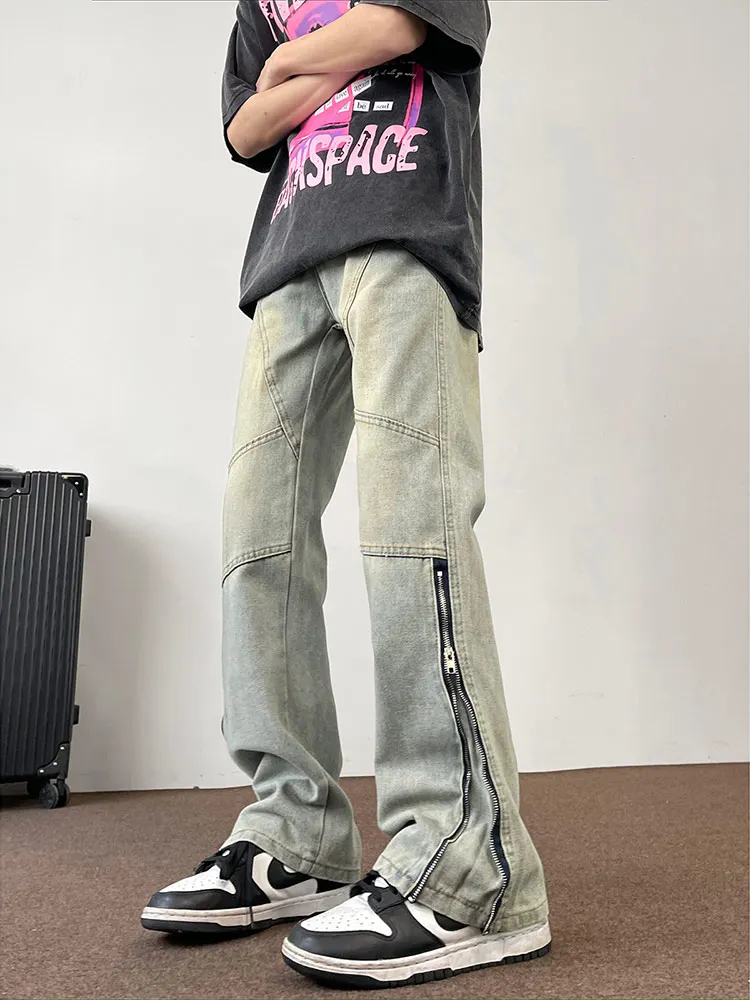 

Мужские джинсы Waed Mud Dyed: Винтажные прямые брюки с зауженным кроем, молнией и оригинальным дизайном, расклешенные, в американском молодежном стиле, весна-осень