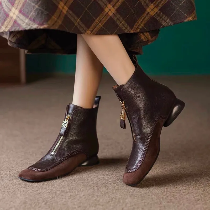 

2025 New Fashion Block Heel Booties Comfortable Square Toe Soft Sole Soft Face Vintage Winter Women's Casual Shoes