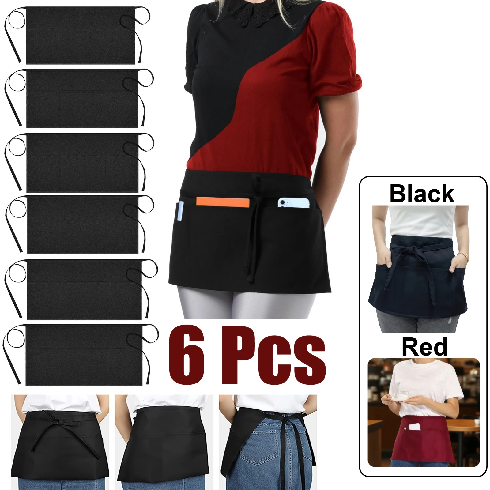 

6-Pack Server Apron Black/Red with 3 Pockets Water Oil Stain Resistant Waitress Waist Aprons for Waiter/Waitress