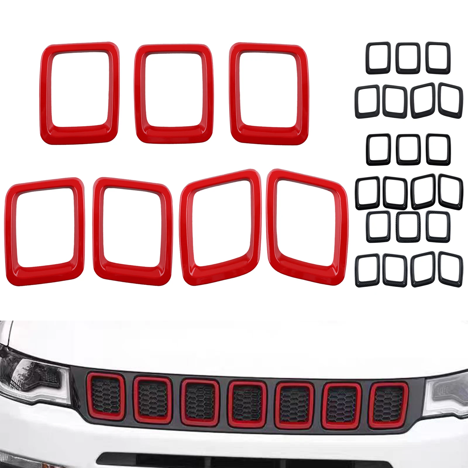 

7PCS Car Carbon Fiber Grille Inserts ABS Front Grill Cover Frame Trims Kit For Jeep Compass 2017-2020 Exterior Accessories