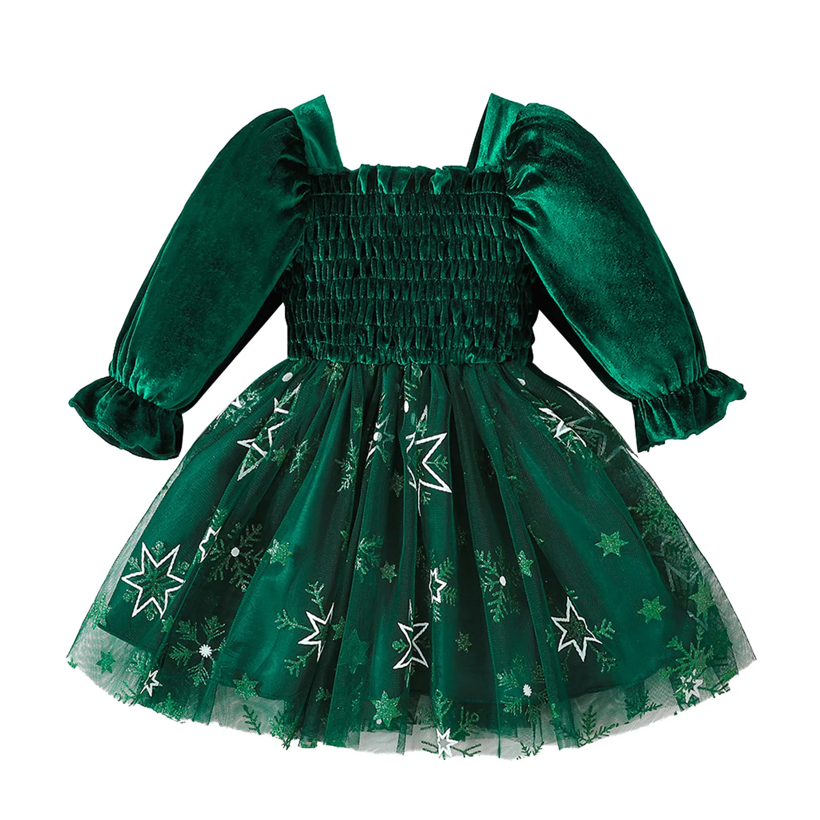 Toddler Children Girls Christmas Long Sleeve Square Neck Mesh Star Prints Dresses Tulle Dress Clothes Birthday Party Dress