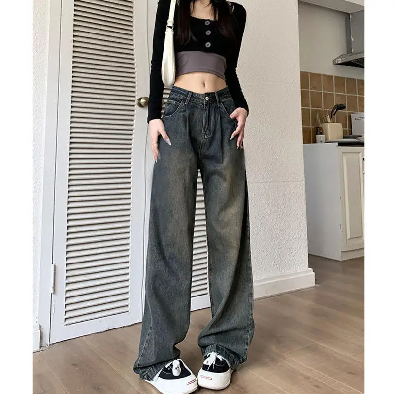 

Женские джинсы с высокой талией и широкими штанинами, свободные, струящиеся, прямые, в пол, модные брюки, весна-осень, новинка, стильные, индивидуальный дизайн