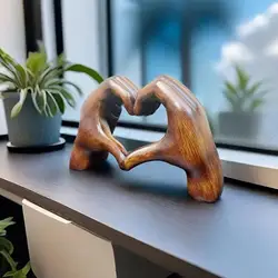 Faux Wood Grain Love Sign Sculpture Resin Hand Ornament Charming Wooden Heart Shape Gesture Statue for Home Office Decoration