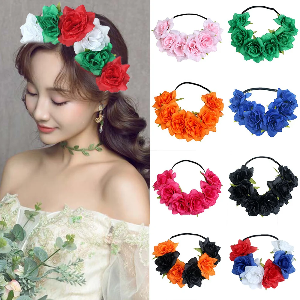 1pc Fashion Women Bride Flowers Headband Mexican Style Rose Flower Crown Hairband Ladies Elastic Beach Hair Accessories Headband