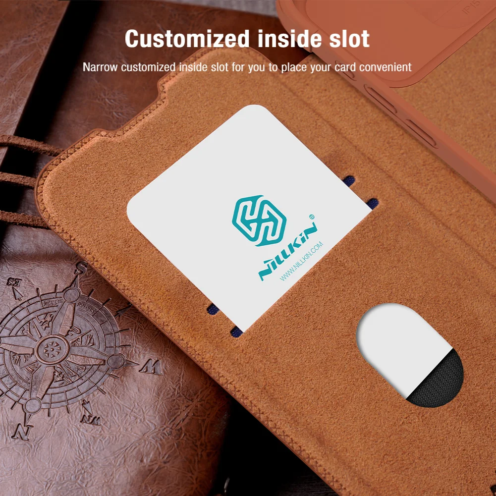 Nillkin For iPhone 14 Pro Max/15 Pro 14 15 Plus Qin Pro Flip cover leather Lens slide cover protective cover phone case shell