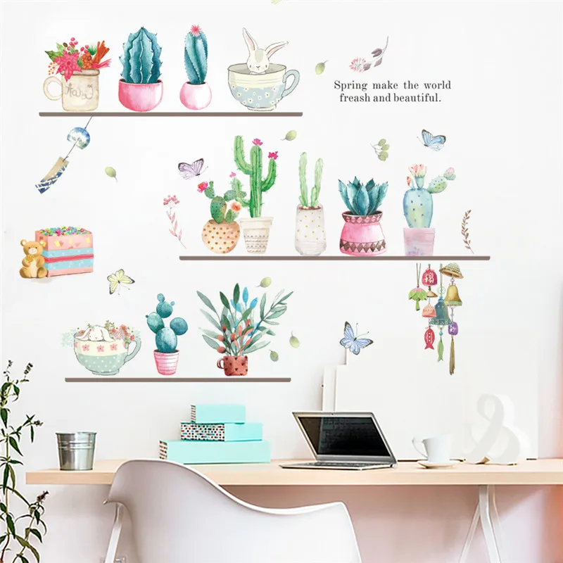 Beautiful Succulent Plants Flower Pots Wall Sticker For Home Shop Office Baseboard Decoration Diy Wall Mural Art Pvc Poster
