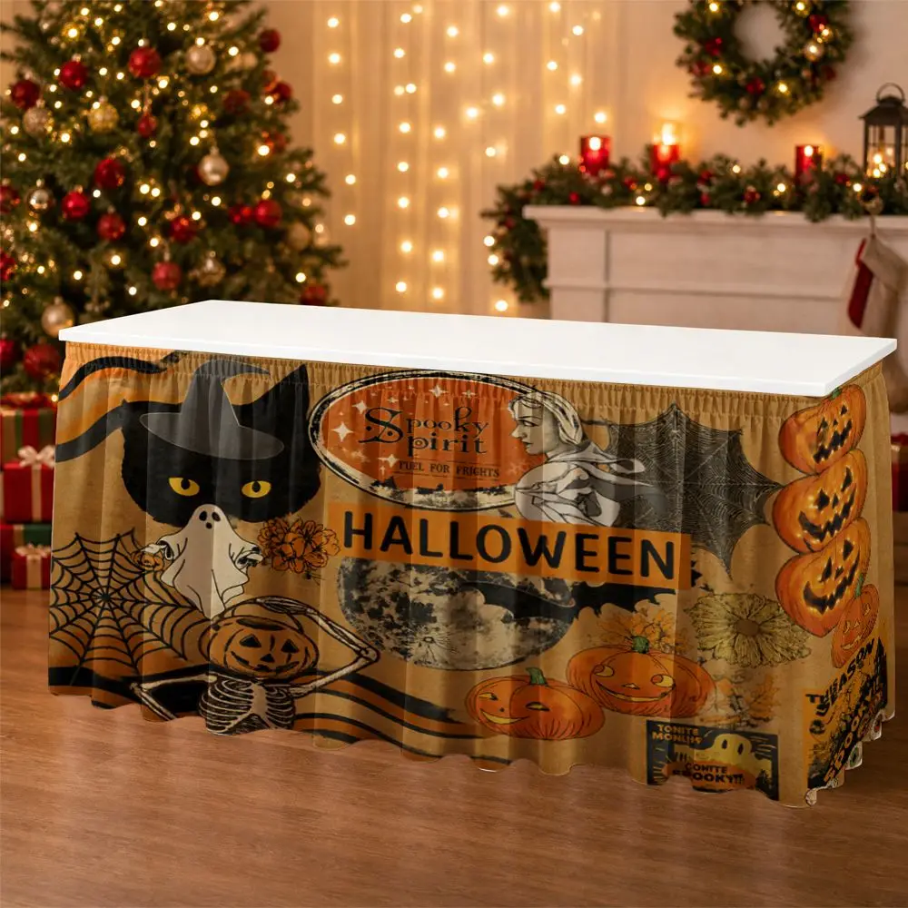 One Halloween party tablecloth with 2D flat design featuring terrifying pumpkin, ghost and skull patterns.
