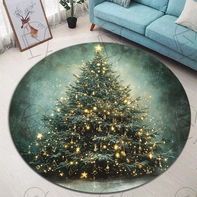 3D Optical Illusion Blue Checkerboard Round Rug Christmas Snowflake Ice Vortex Circular Carpet Living Room Creative Holida