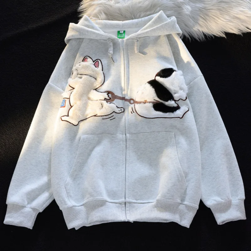 Animal Embroidery Zip Up Hoodie Fashion High Street Hip Hop Flocking Hoodies Women Cute Clothing Teens Loose Hooded Sweatshirt