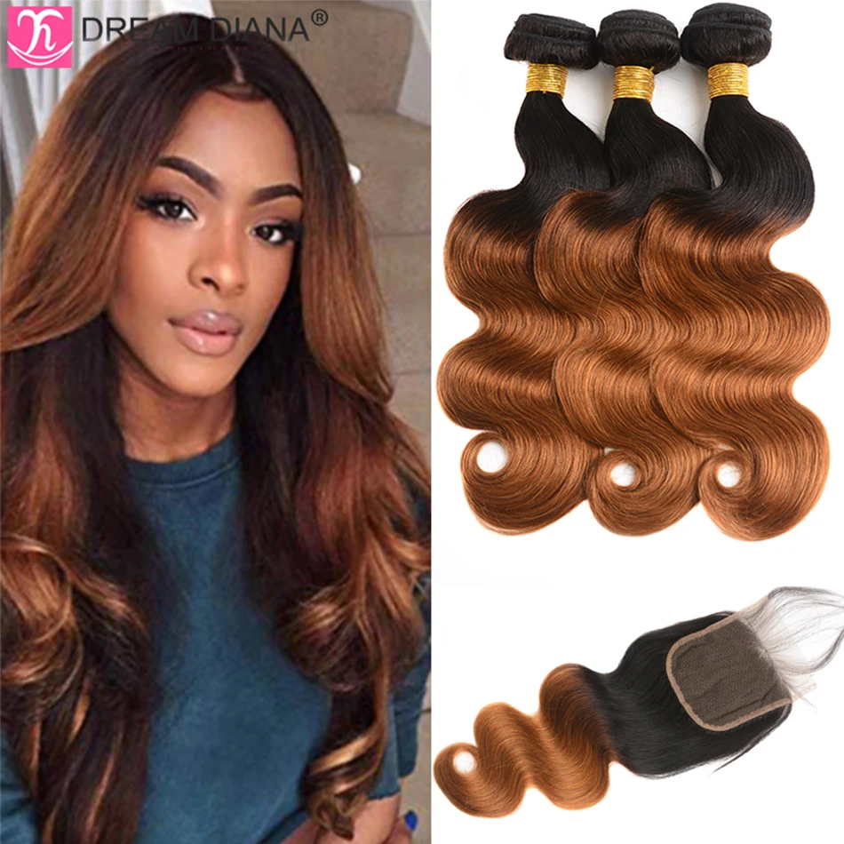 DreamDiana 12A 2/3 Tone Ombre Body Wave Hair 3 Bundles with 4x4 Lace Closure 100% Brazilian Body Wave Human Hair with Closure