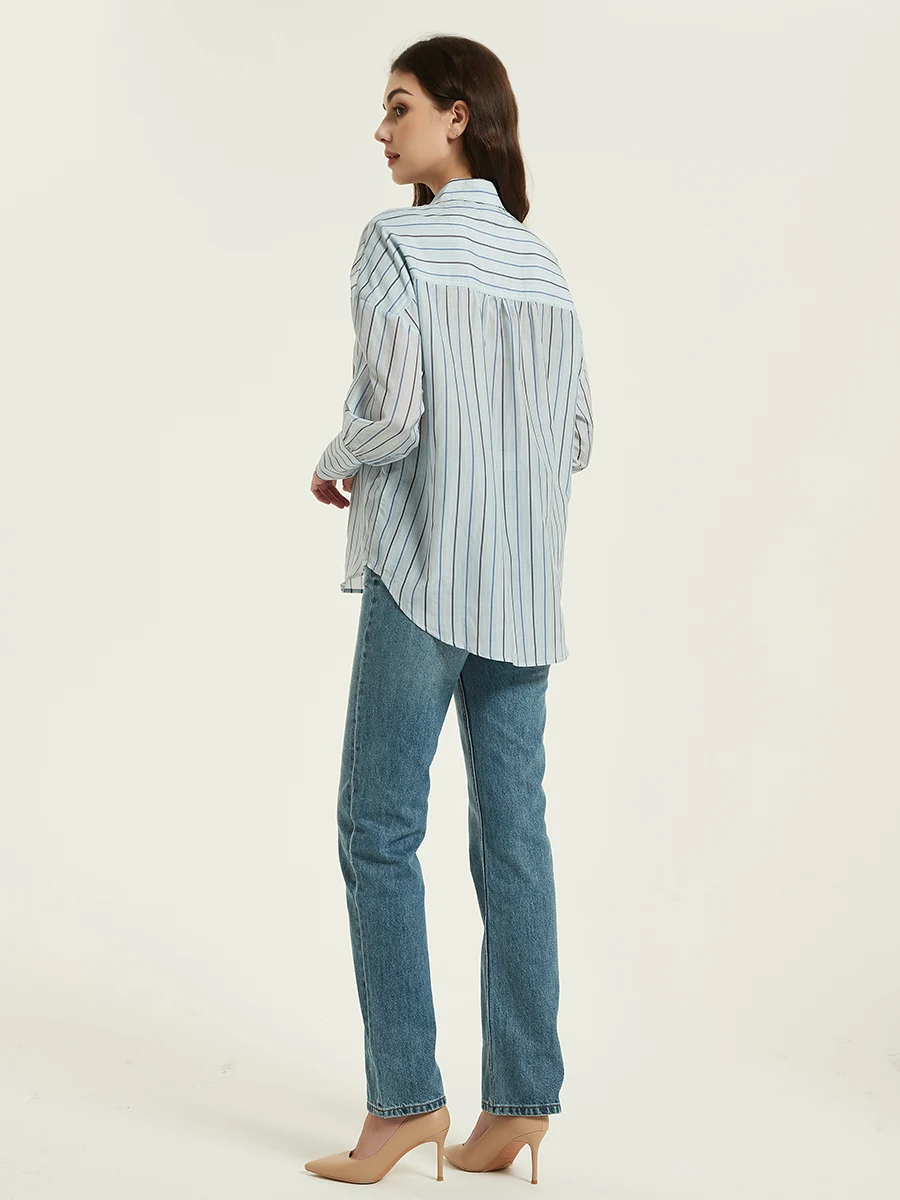 SuyaDream Women Striped Shirts Drop Sleeves Loose Chic Blouses 30%Silk 70%Cotton 2023 Spring Summer Printed Top Light Blue