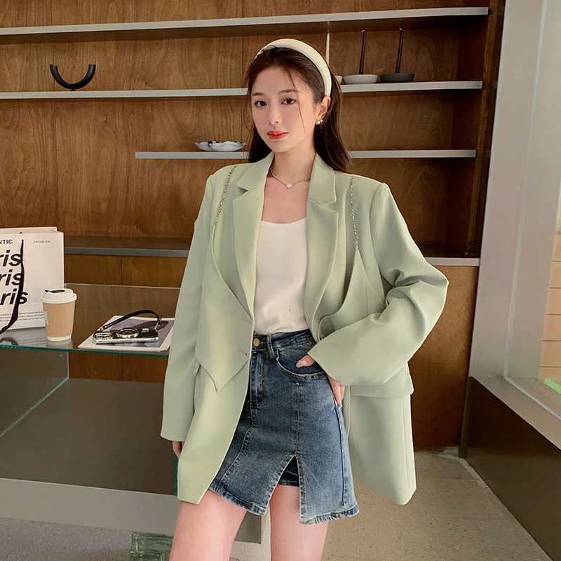 Faux blazers deux pièces pour femmes, veste à manches longues, manteau vert imbibé, décontracté, coréen, printemps, automne, 2024