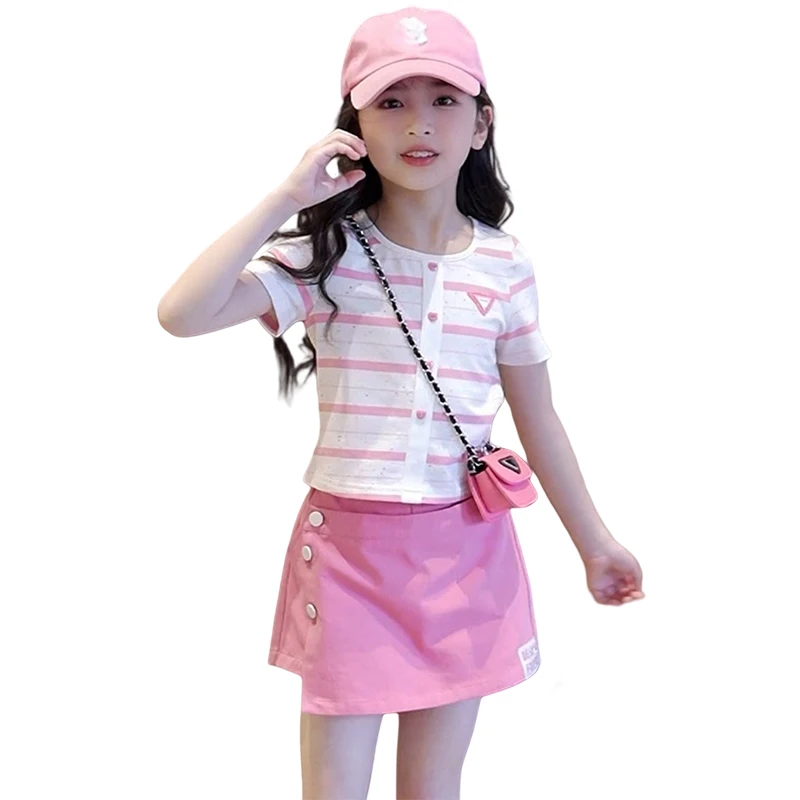 Elegant Children Summer Suit for Girls Cotton Tops And Skirt Two Pieces Outfit Suit Kids Pink Clothing Set 5 7 9 11 13 14 Years