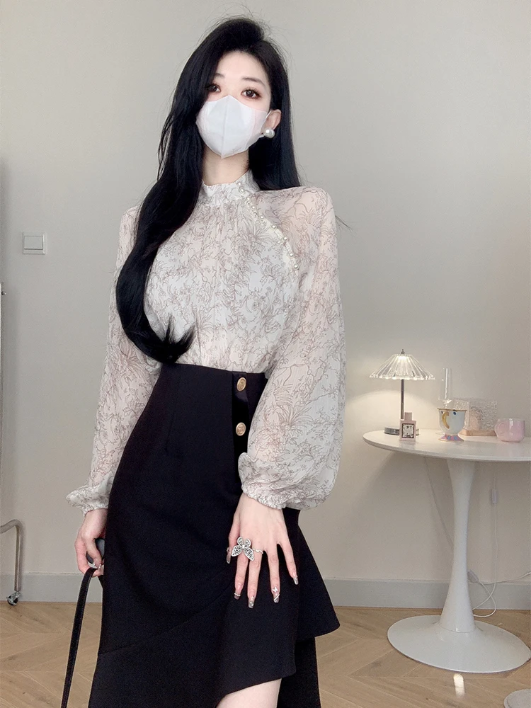 

Slimming irt Top And Skirt Set for plus Size Women Spring Autumn Korean Sle High Waist Long Sve Pure Color Commute Wear