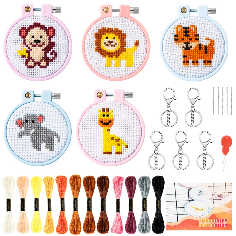 5Pcs Embroidery Kit for Kids Stamped Cross Stitch DIY Key Chain Safari Jungle Animals Beginners Adults Needlepoint Starter Kits