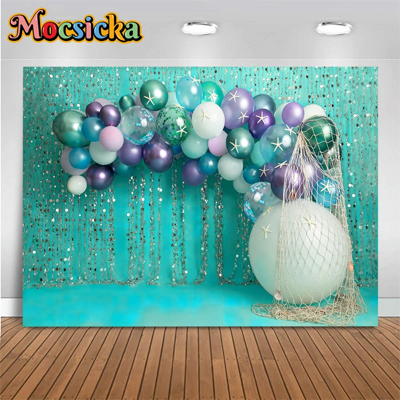 Mocsicka Mermaid Decoration Photography Background Balloon Shell Submarine Baby One Birthday Party Backdrops Studio Photobooth