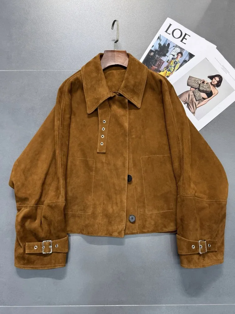 Genuine Leather Goatskin Suede Women Jacket Loose Fit Shawl Cloak Jackets Turndown Collar Real Sheepskin Outerwear Short Coat