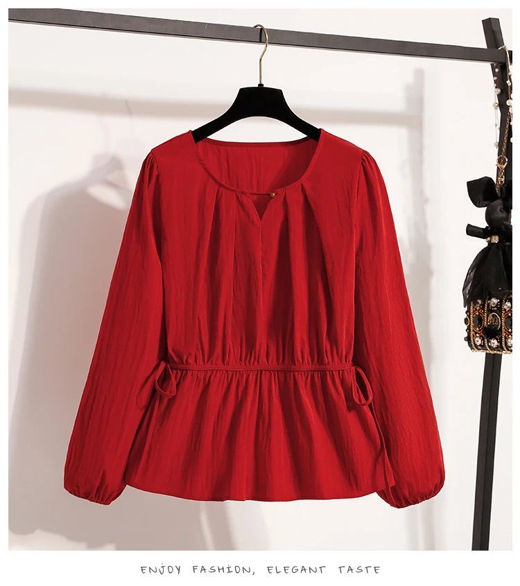 2026 Weiße Bluse mit Kordelzug-Taille, langen Ärmeln, lockerem Schnitt, verjüngendem Peplum, Babydoll-Stil, lässiges Top aus Crinkle-Stoff – Detail 26