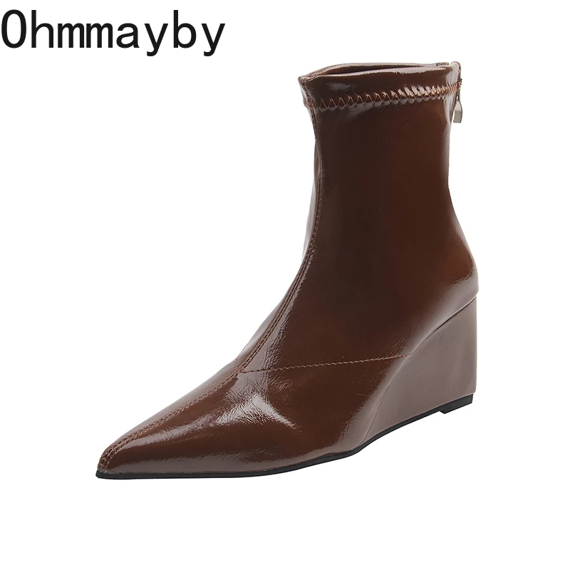 الخريف الشتاء خمر Weges كعب النساء حذاء من الجلد موضة أشار تو متجرد الأحذية الإناث الجلود الناعمة ضئيلة الجوارب القصيرة