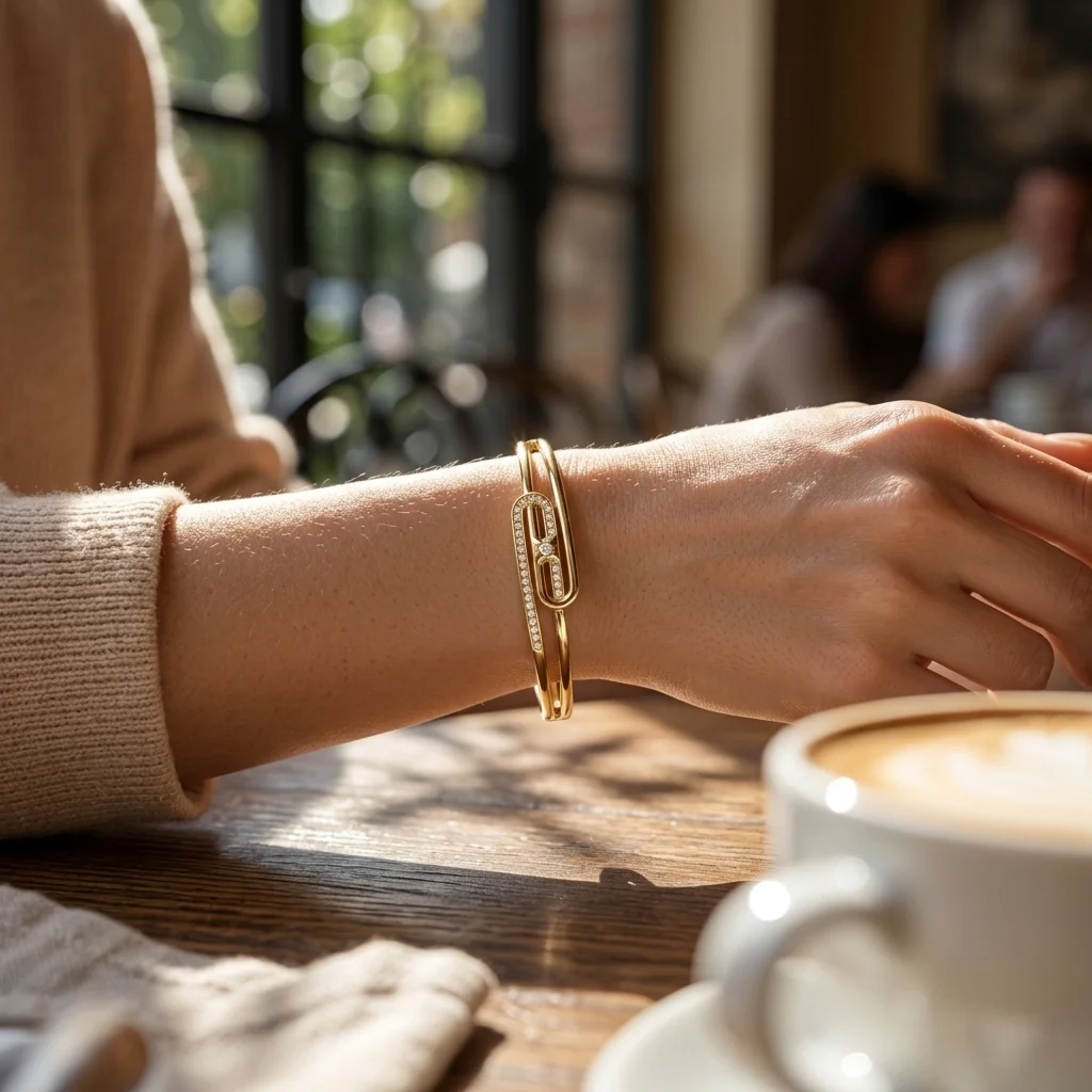 Elegant Gold Color Snap Bracelet, Stainless Steel Zircon Openwork Bangle, Luxe Feel Women's Jewelry (60mm Inner Diameter)