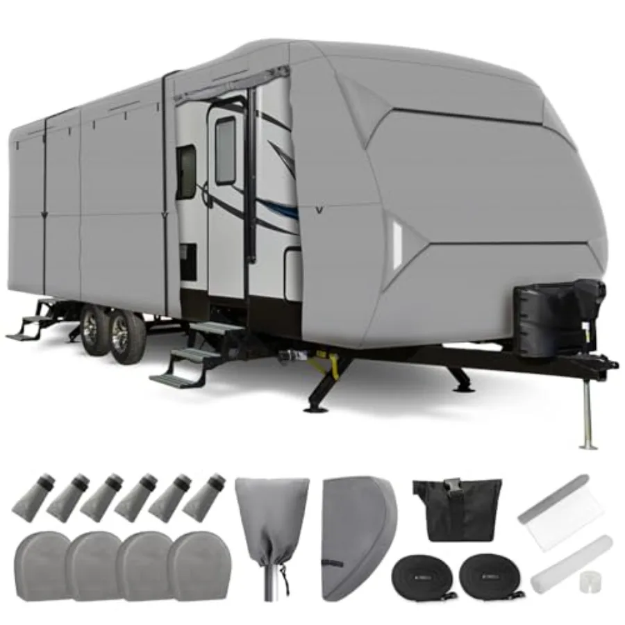 Windproof RV Cover 27'-30' for Travel Trailer, Extra Thick Ripstop Polyester, Gray, UV-Resistant with 4 Tire Covers Adhesive Re