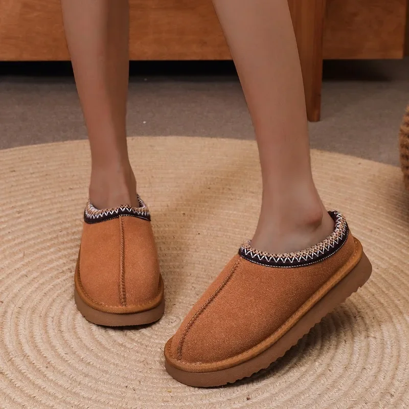 Women\'s Fashion Baotou Slippers Winter New Round Head Suede Deep Mouth Thick Sole Anti-slip Wear-resistant Flat Shoes