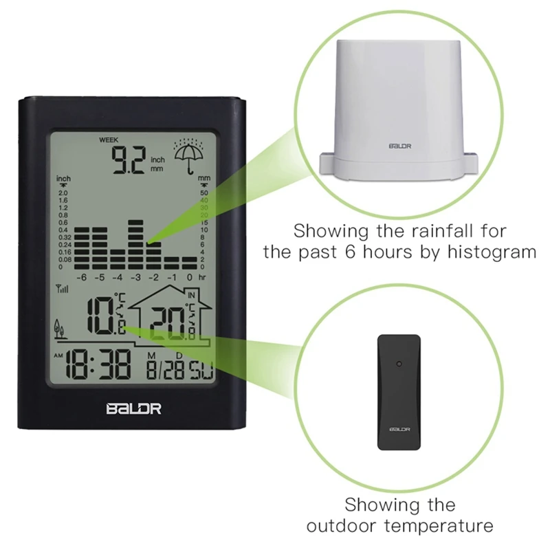 Baldr Wireless Rain Gauge LCD Digital Weather Station In/Outdoor Thermometer Real-time Rainfall Measure Recorder Dropshipping