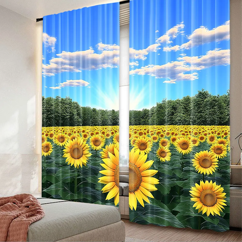 

2Pcs Field Of Flowers Curtains Green Trees Blue Sky Nature Curtains Art Yellow Floral Plant Curtains Suitable For Living Room