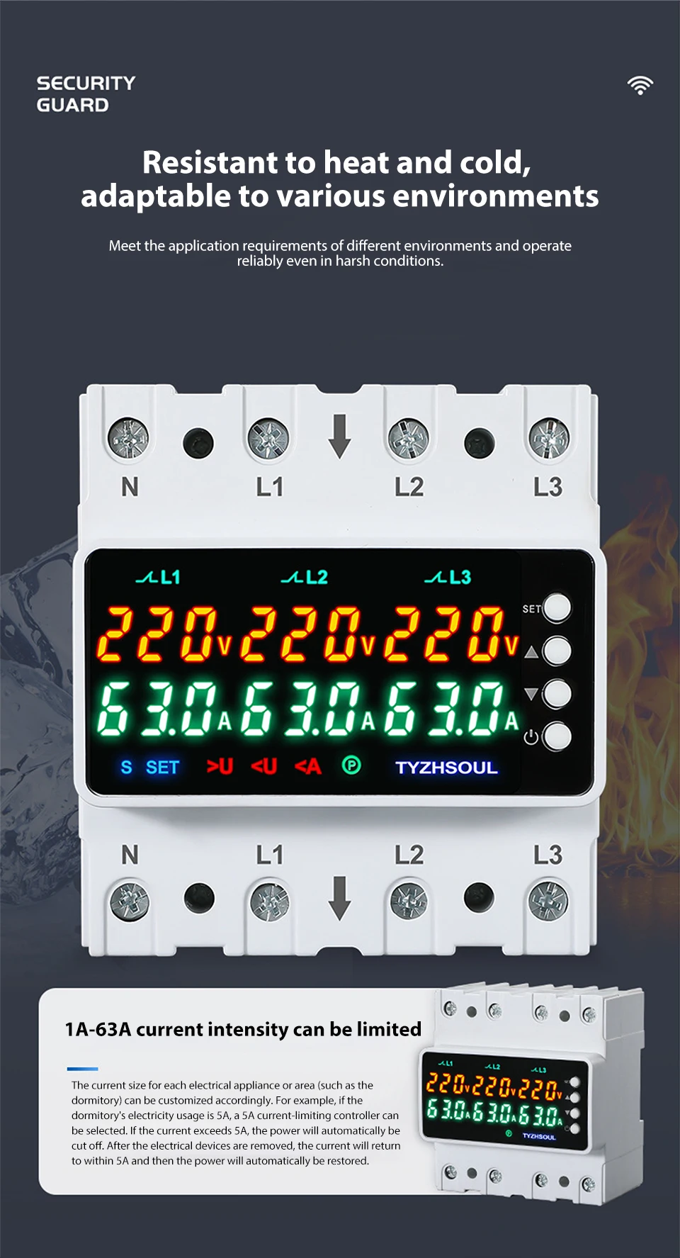 3 Phasen 63 A/100 A DIN-Schiene Voltmeter Amperemeter Einstellbare Über- und Unterspannung Strombegrenzung Schutz Monitor Relais Schutz – Detail 5
