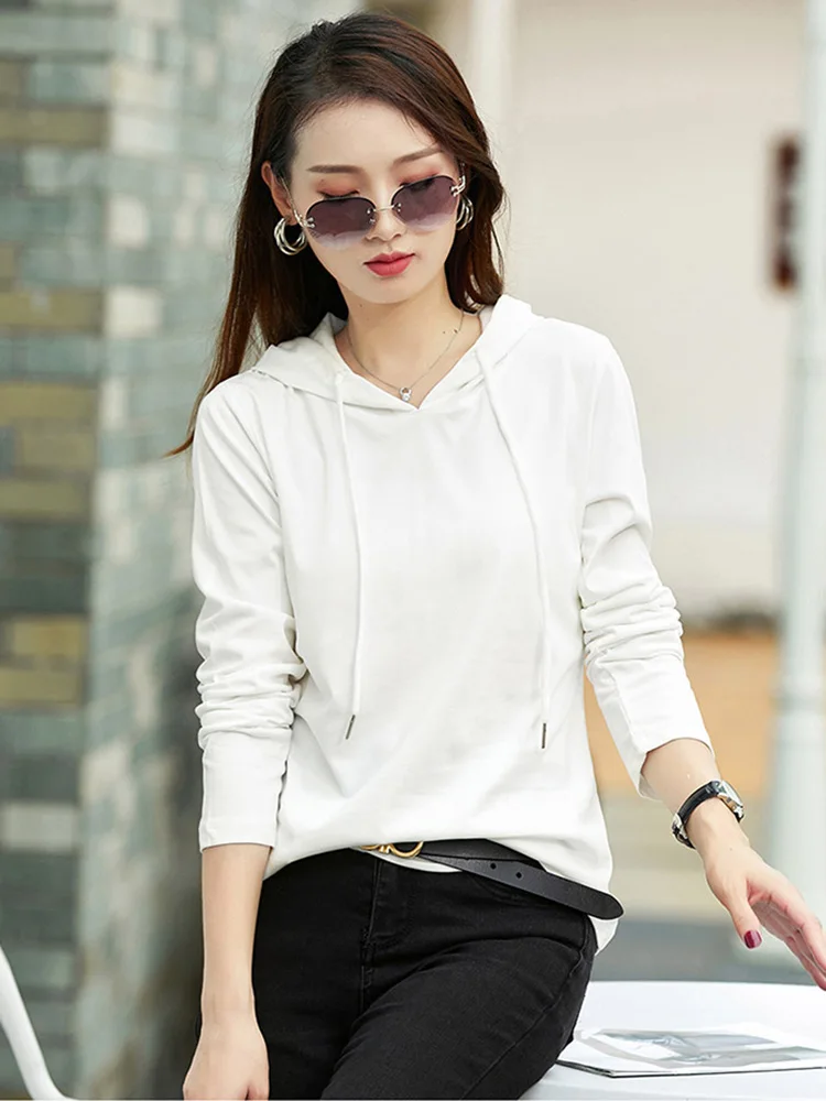 New Women Spring Summer Thin Hooded T-shirt Fashion Casual Long Sleeve Mercerized cotton T-shirt Simplicity Loose Pullovers