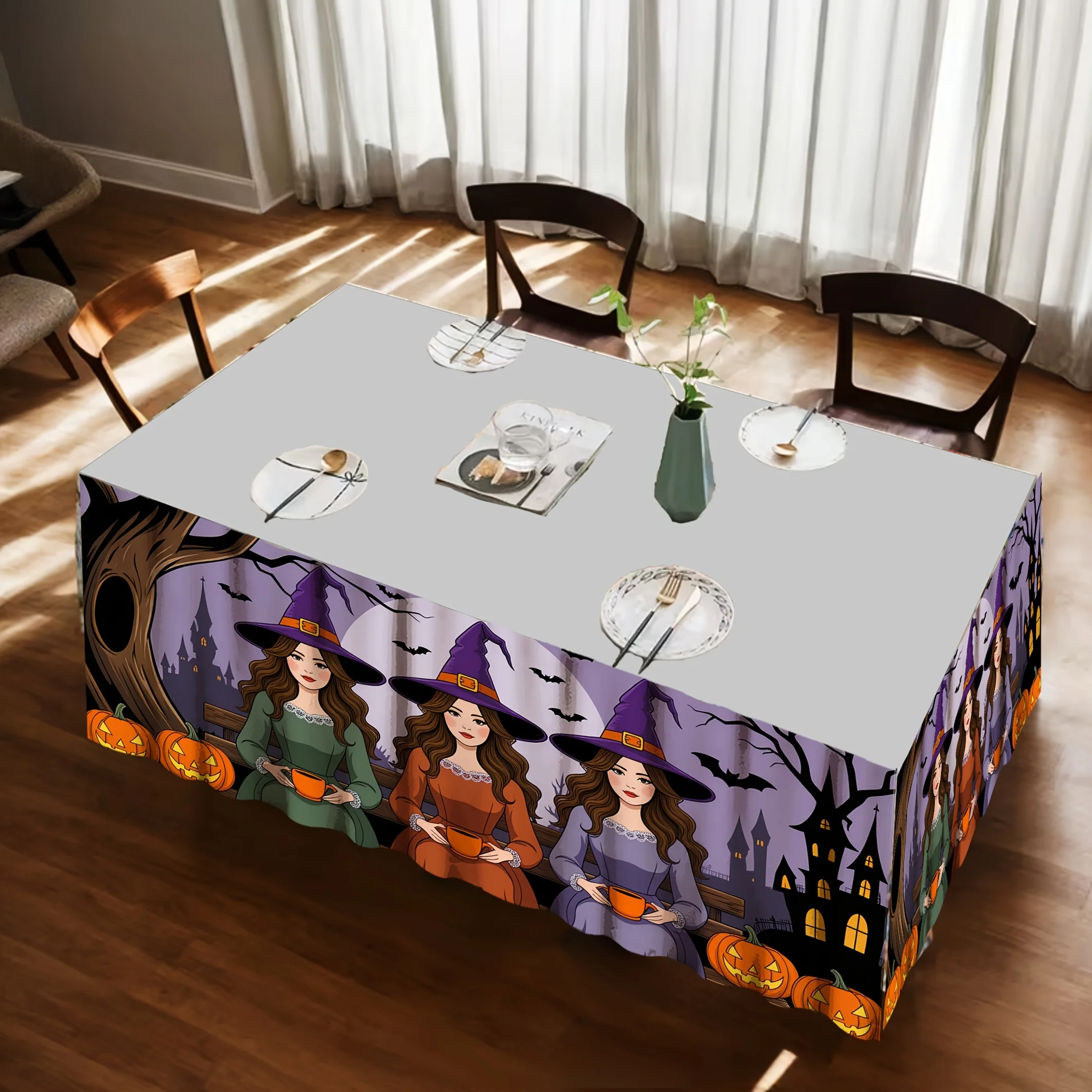 Easy-to-clean and space-saving polyester tablecloth, featuring a purple witch Halloween themexzj