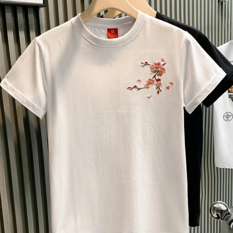 Embroidery T Shirt for Men Slim Fit Man Tee Shirts Top Elastic