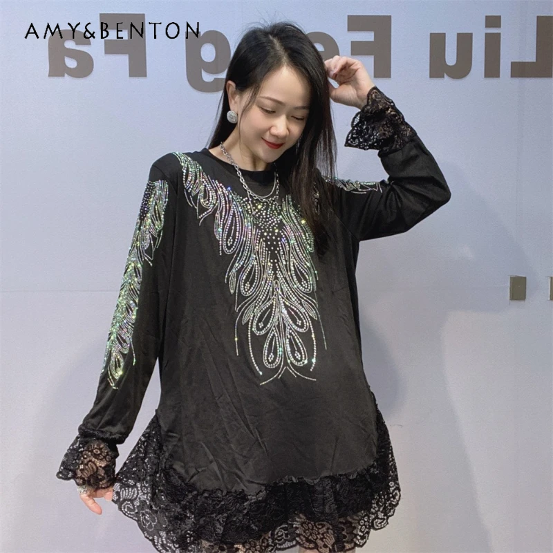 

American Style Fashion Loose Oversized Long Sleeves Tees Women's Autumn New Lace Patchwork Heavy Sparkling Stone O-Neck T-shirt