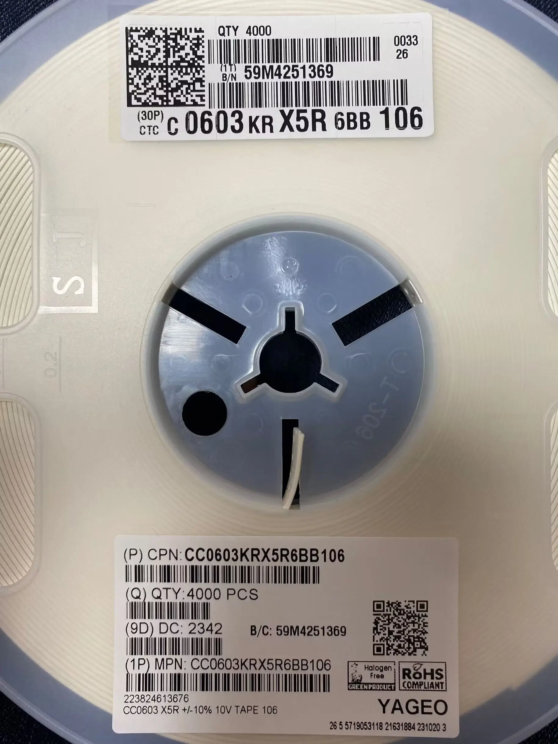 

4K/LOT Chip capacitance 0603 10UF 106K 10V 10% X5R CC0603KRX5R6BB106 CL10A106KP8NNNC GRM188R61A106KE69D