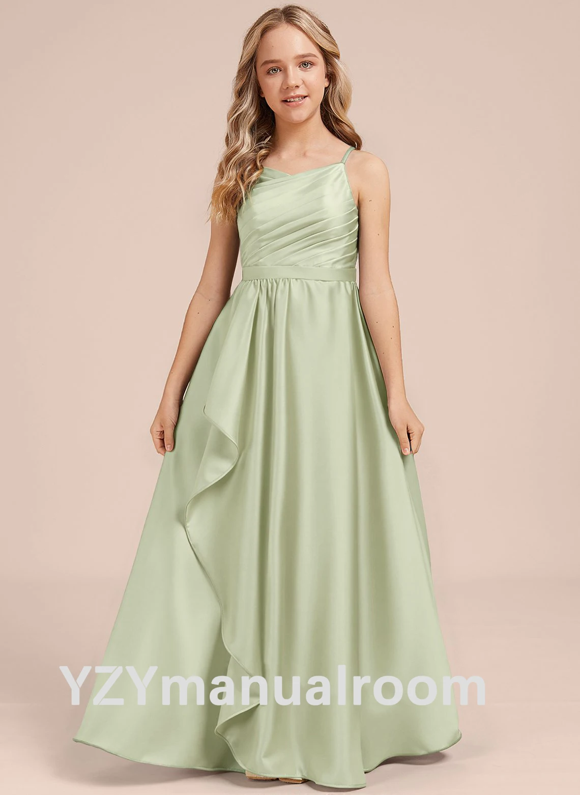 Girl dresses/dress/A-line V-Neck Floor-Length Matte Satin Junior Bridesmaid Dress With Cascading Ruffles/Customizable