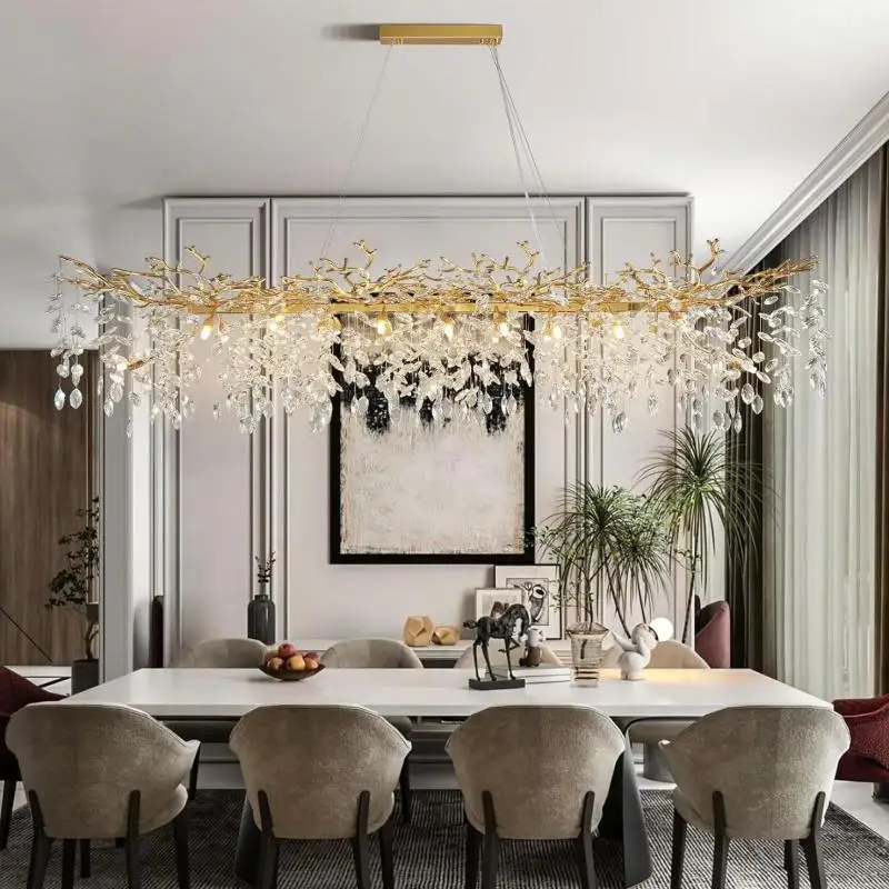 Dining Room Gold Branch Crystal Chandelier Light For Kitchen Table Living Room Bedroom Rectangular Crystal Ceiling Chandelier