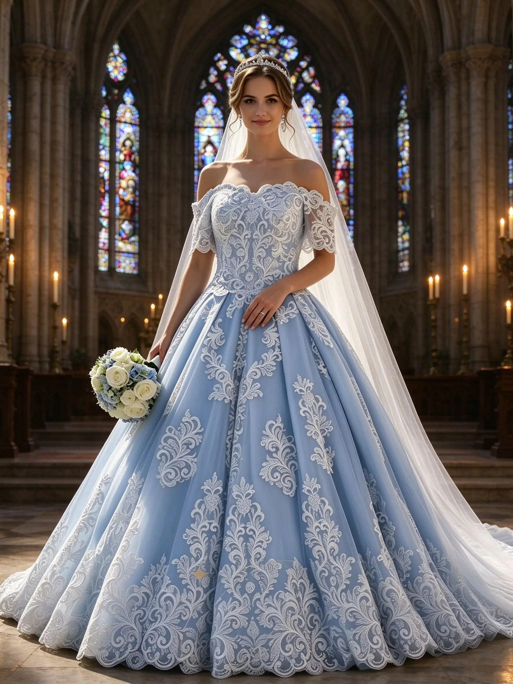 Classic Light Sky Blue Wedding Dress Off Shoulder Short Flutter Sleeve White Lace Appliques Long Bridal Gown Customized