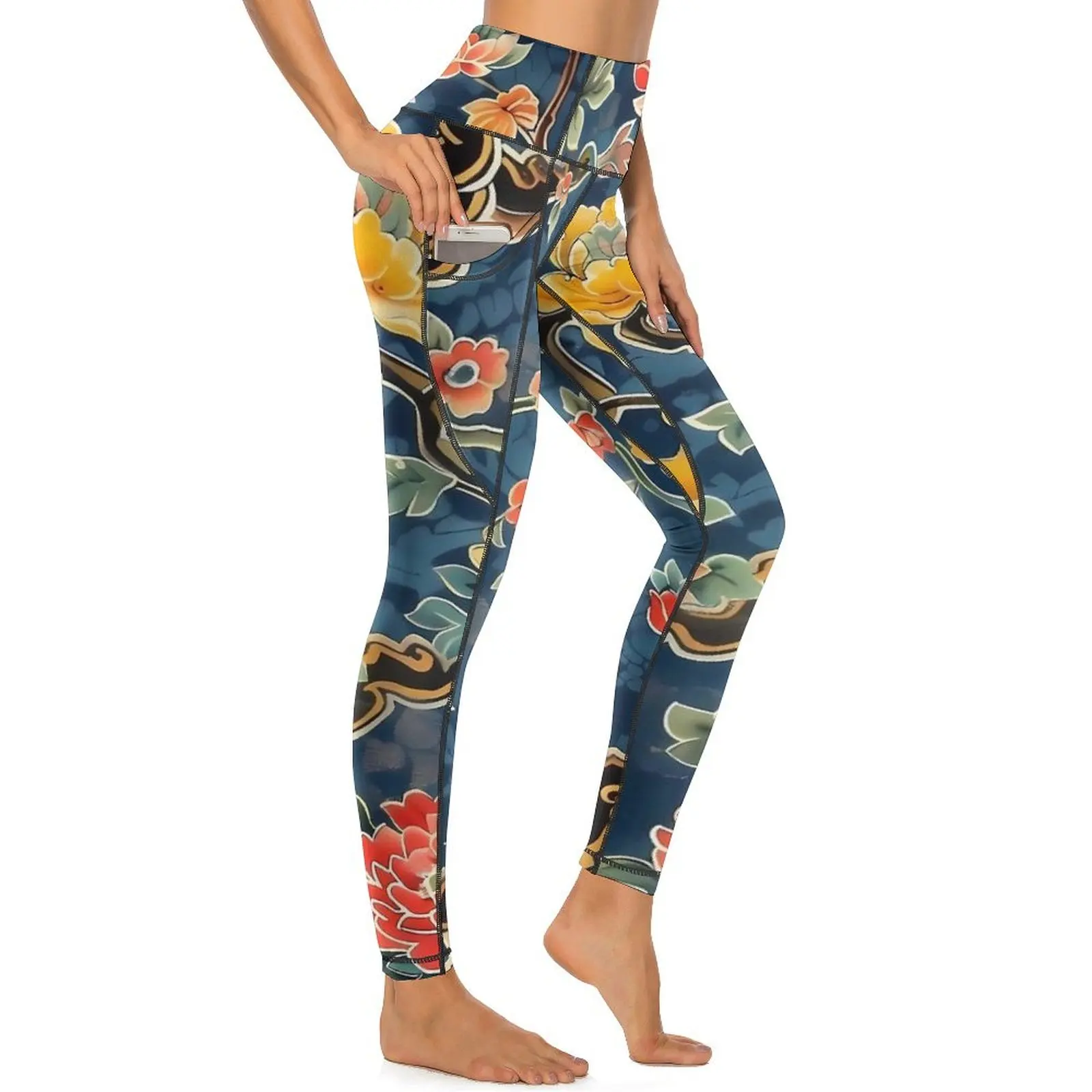 Retro Japanese Art Yoga Pants Sexy Flowers Graphic Leggings High Waist Fitness Gym Leggins Women Casual Quick-Dry Sports Tights