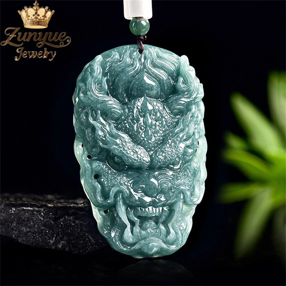

Natural A-Grade Jadeite Blue Water Powerful Dragon Brand Grand Zodiac Dragon Pendant Ice Type Jade Pendant Charms Exquisite Fine