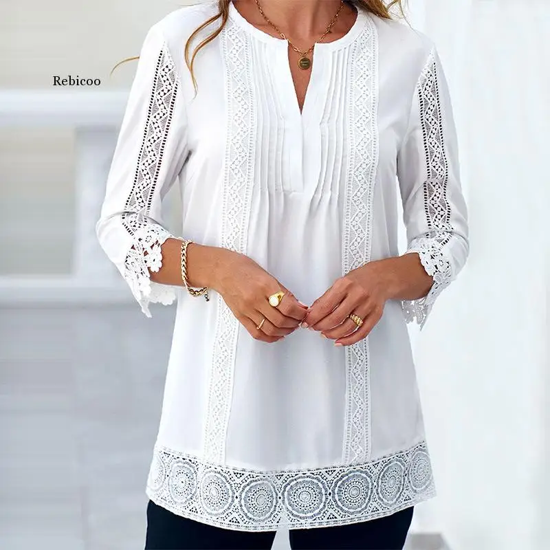 Temperament Women's Clothing Elegant O-Neck Hollow Out Nine Points Sleeve Long Top Lace Lacework Loose White Oversized T-shirt