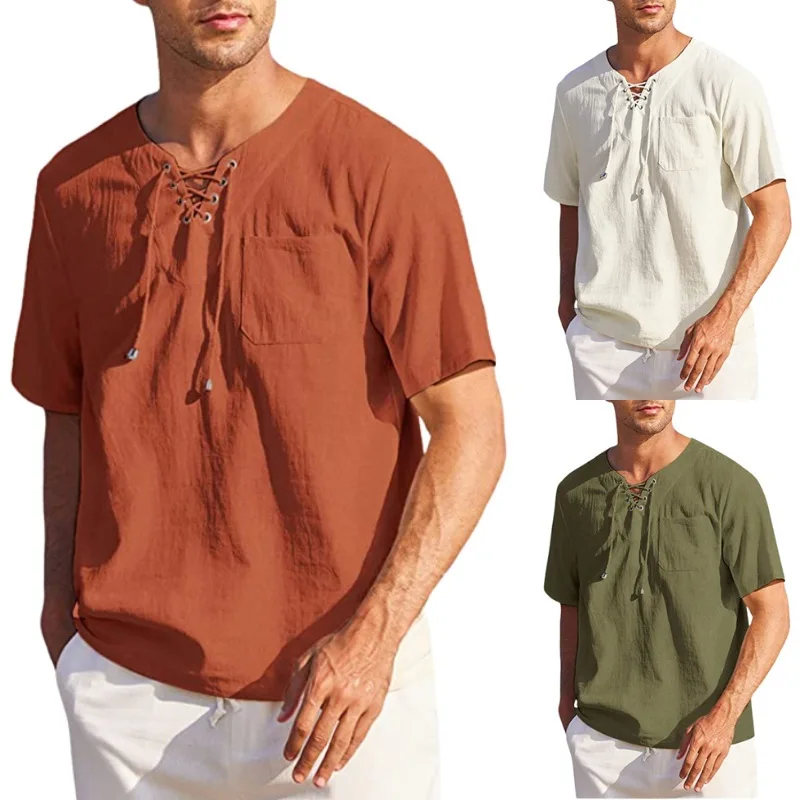 Men's Fashion Casual Lace-Up Square Neck Solid Color Short Sleeve Shirt