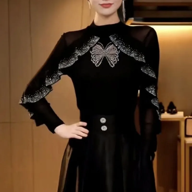New Fashion Trendy Mesh Ruffled Rhinestone Top Long-sleeved T-shirt Women's Bottoming Shirt Dance Top