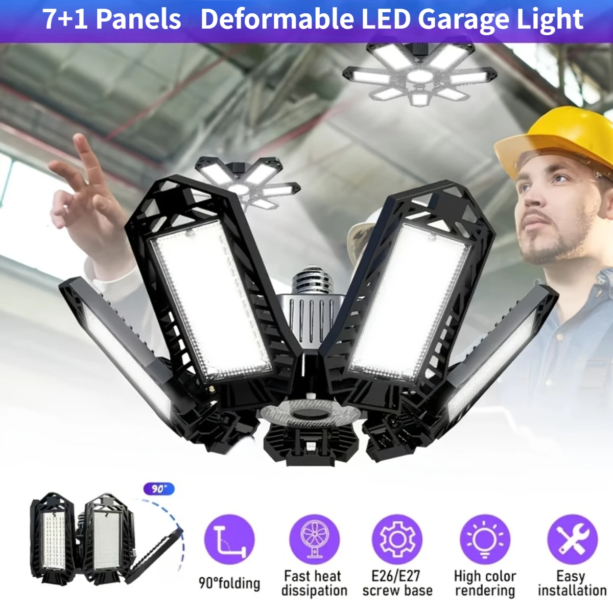 

LED Garage Lights with 6/7/8 Adjustable Panels Super Bright Deformable LED Shop Light for Warehouse Garage E26/E27 Ceiling Lamp