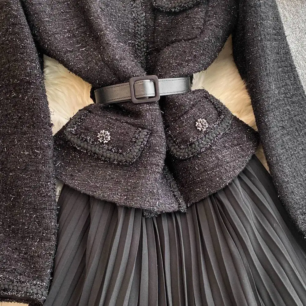 Hepburn elegante longo tweed vestidos femininos outono cinto de cristal plissado chiffon rendas festa vestidos luxo robe ocasião formal