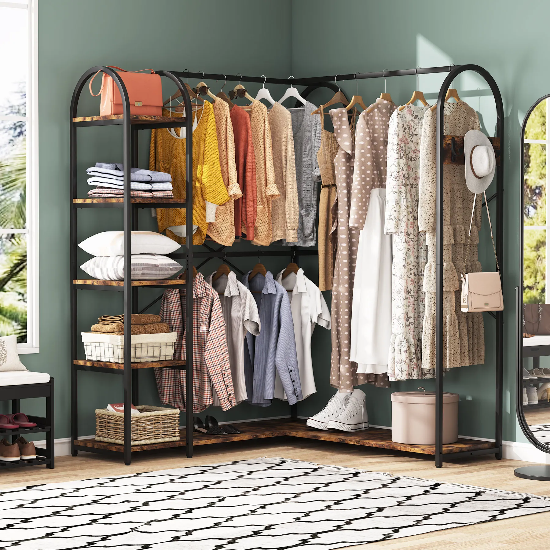 

Tribesigns L Shape Clothes Rack, Corner Garment Rack with Storage Shelves and Hanging Rods, Space-Saving Open Wardrobe Closet